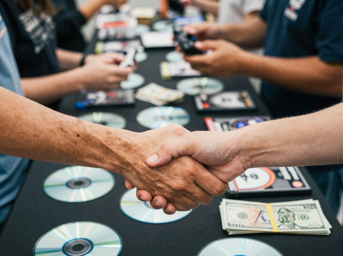 Local meetup exchanging video games for cash with handshake between two people