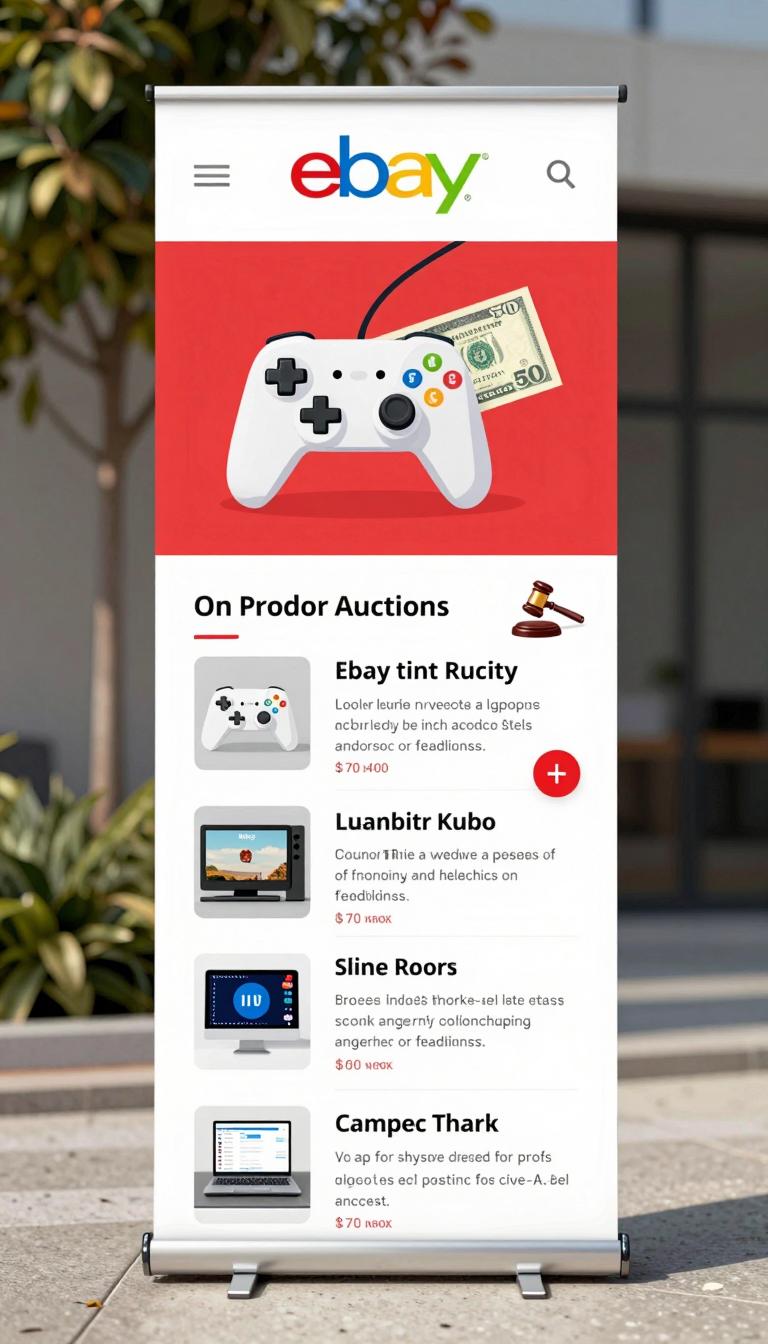 eBay video game auction with controller and dollar sign earnings